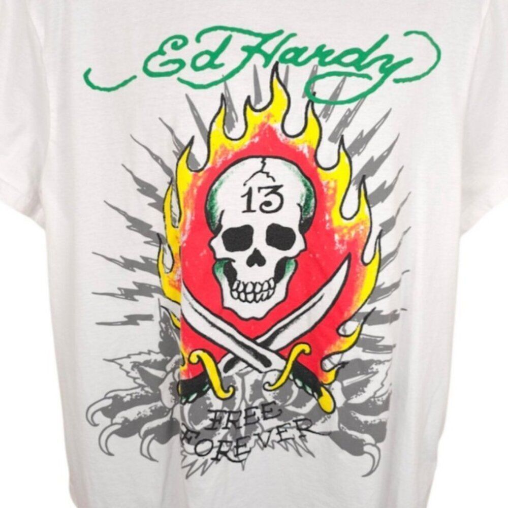Ed Hardy T Shirt Mens Size XL White Flaming Skull Free Forever